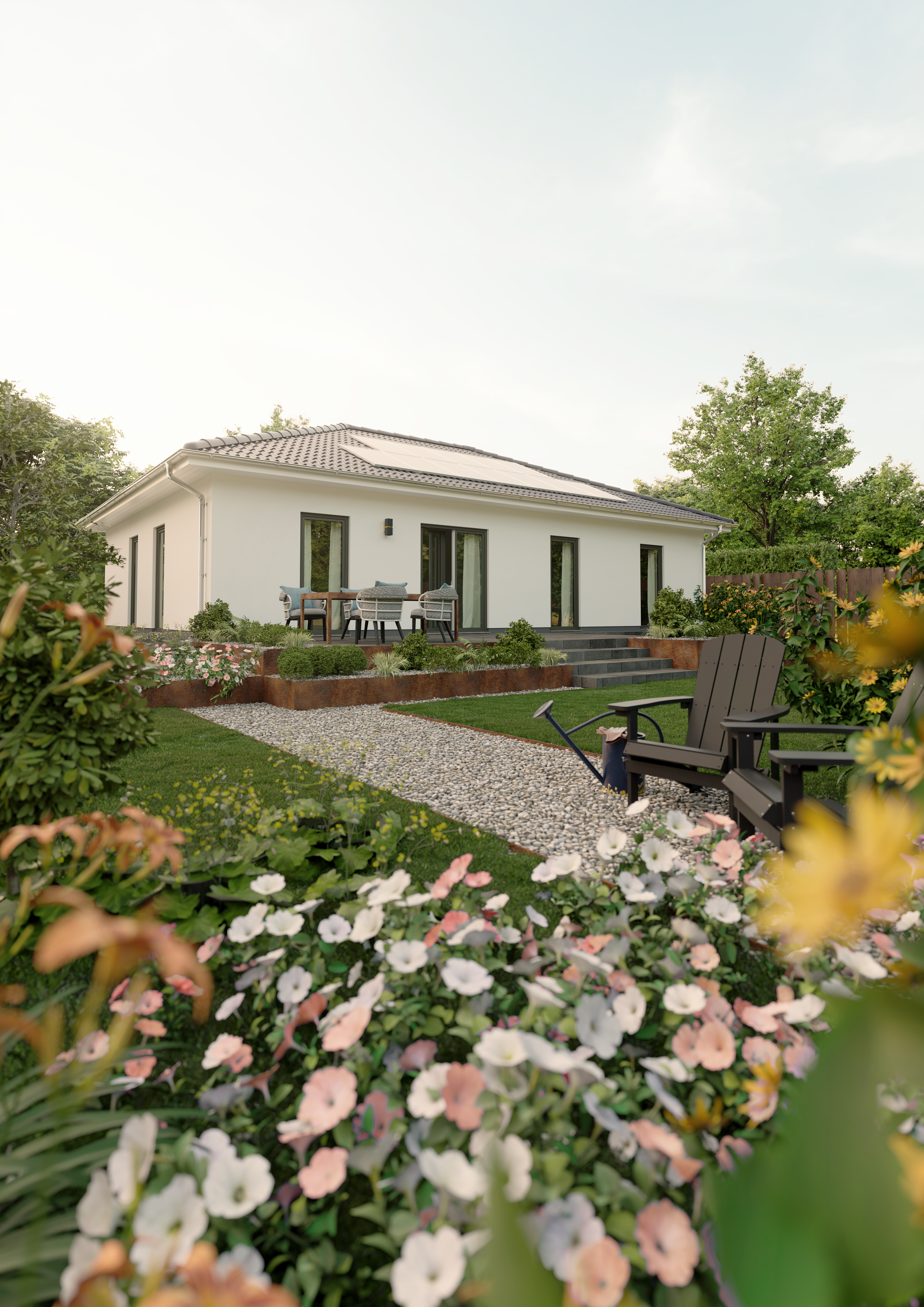 Bungalow 110 mit Gartenblick und großer Fensterfront Bungalow 110 Gartenansicht mit großem Fensterbereich für viel Licht