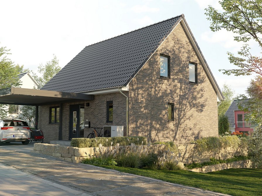 Blick von der Straße auf das Einfamilienhaus Flair 125 in Variante Klinker